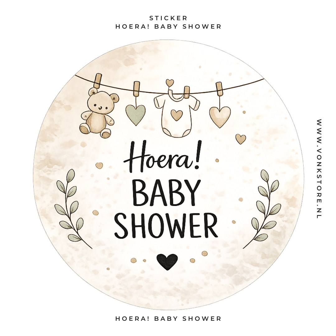 Traktatiesticker 'Hoera! Baby Shower!' | Ø 35 mm