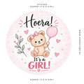 Traktatiesticker 'Hoera! It's a  Girl!' | Ø 35 mm