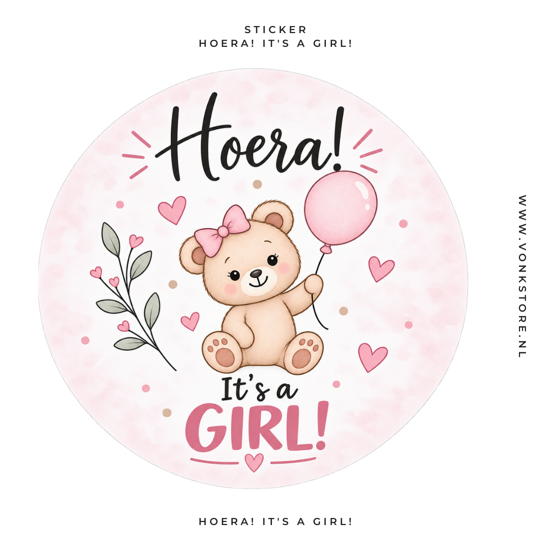 Traktatiesticker 'Hoera! It's a  Girl!' | Ø 35 mm